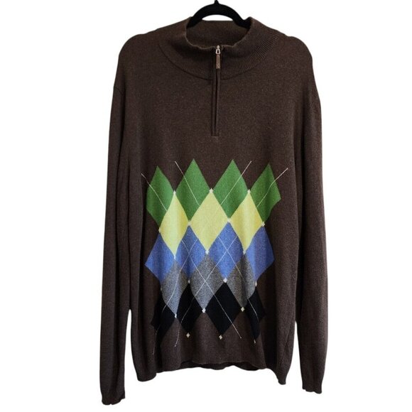 Nanibon Argyle Cashmere Wool Blend Quarter Zip Mock Neck Pullover Sweater L - Picture 1 of 12